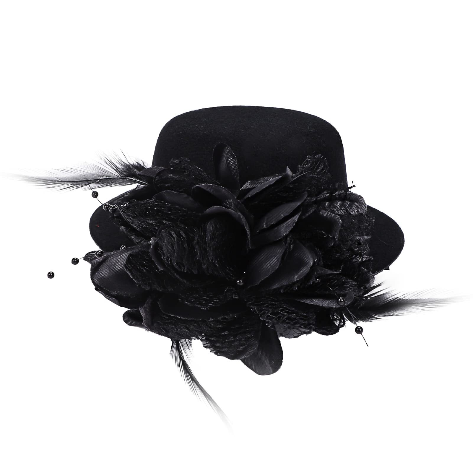 5233 Flower Decor Hair Clip Feather Fascinator Burlesque Mini Top Hat